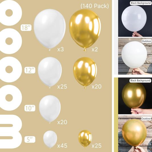 PartyWoo White and Gold Balloons, 140 pcs White and Metallic Gold Balloons Different Sizes Pack of 18 Inch 12 Inch 10 Inch 5 Inch for Balloon Garland or Arch as Birthday Decorations, Party Decorations