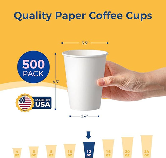 Fit Meal Prep 500 Pack 12 oz Disposable Paper Coffee Cups, Premium White Hot Cups for Hot/Cold Beverage, Durable Thickened Paper Cup Bulk for Office, Bussines, Cafes, Bistros, Party