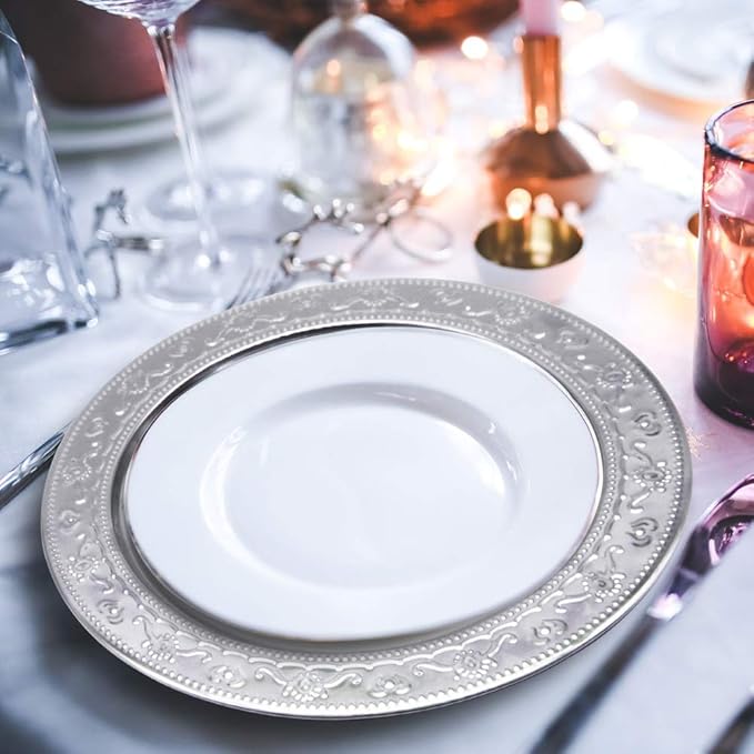 13-Inch Charger Plates, 6Pcs Dinner Plate Chargers Round Server Ware Compatible with Ceramic/china tableware, Silver