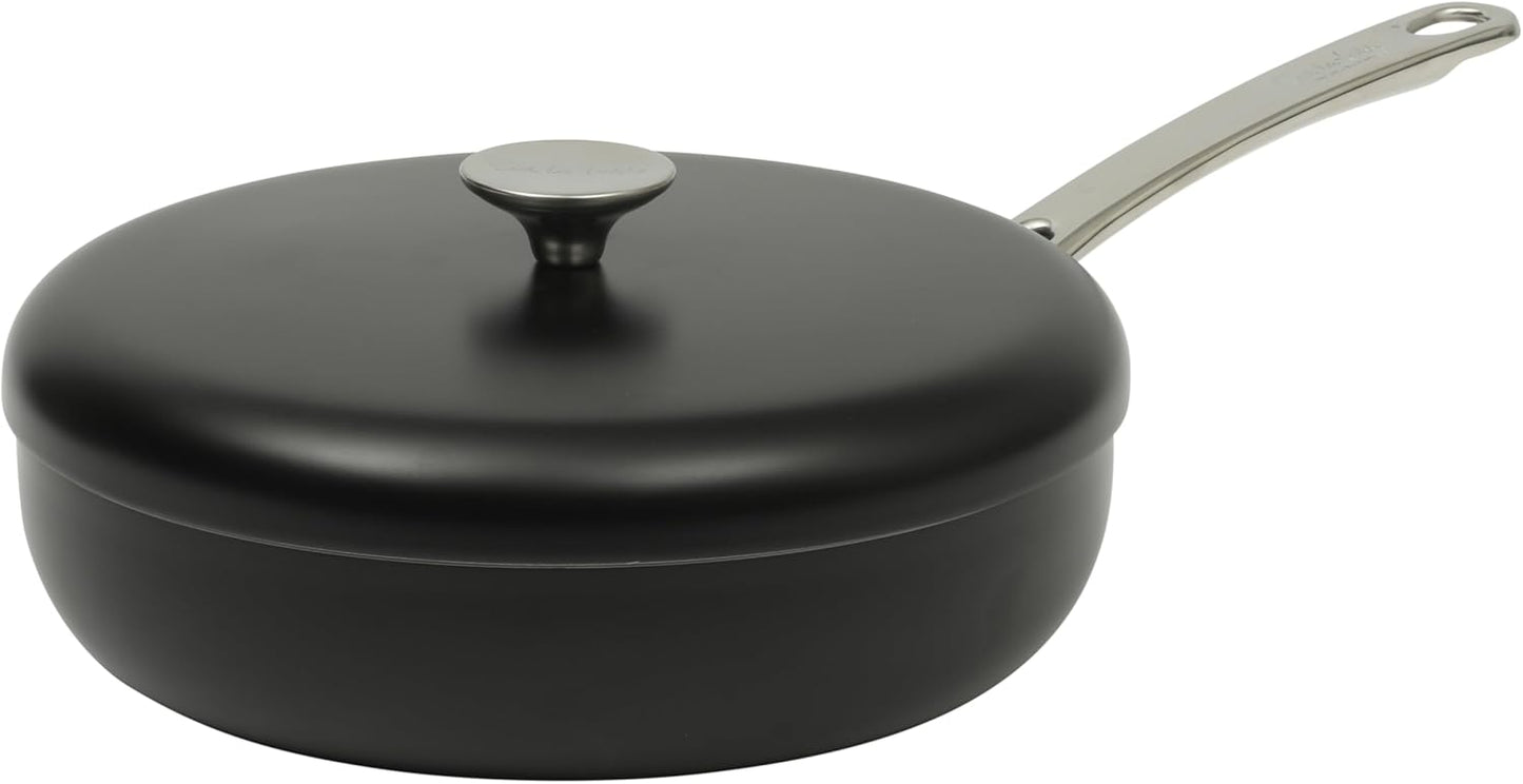 Sur La Table Kitchen Essentials Potluck Porch 4.5 Quart Sauté Pan, Deep Frying Pan Skillet w/Lid Aluminum PFA Free Ceramic Cookware Chef's Pan, Omelet Pan - Induction - Black