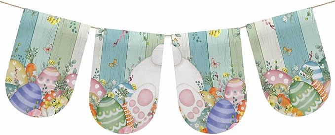 Cute Easter Bunny Banner 4Pcs Indoor Outdoor Hanging Banner Flag Eucalyptus Leaves Colorful Eggs Wooden Sign for Fireplace Mantel Decorative Bunting Garland Valance for Shop Door Decor 7.9"x11.8"