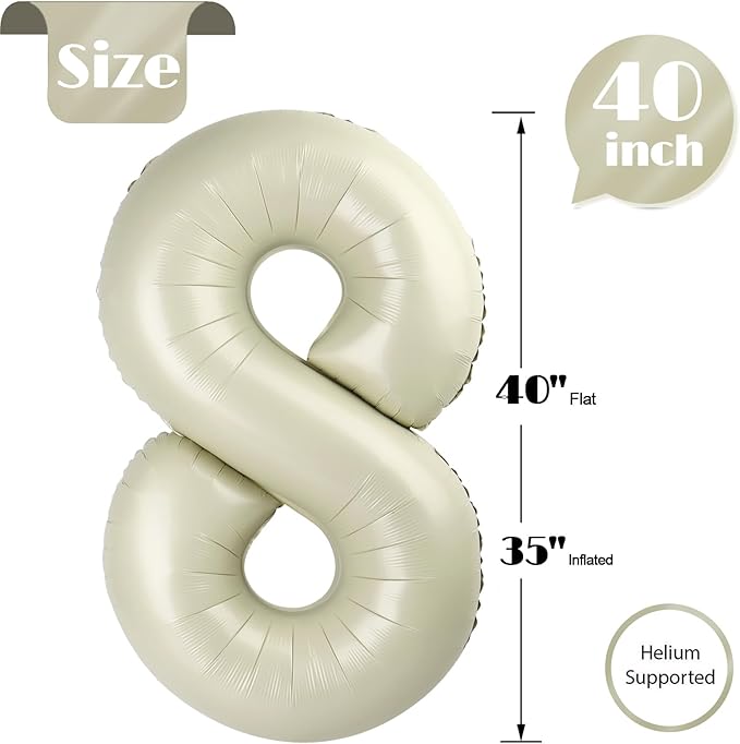 Cream 8 Balloon, Number Balloons 40 Inch, Cream 8th Birthday Decorations for Boys Girls, Birthday Balloons Party Supplies, Number 8 Balloon