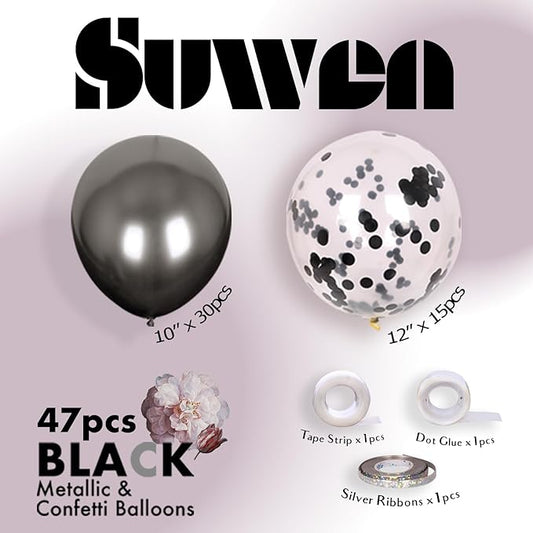 SUWEN Black Metallic Balloons and Confetti Balloons Set 47PCS Latex Helium Chrome Black Balloon for Birthday Graduation Anniversary Party Decorations