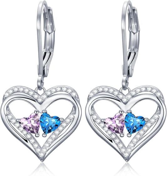 Valentines Day Gifts for Women, Heart Leverback Earrings Double Birthstone Dangle Earrings for Women, Love Jewelry for Her, Anniversary Birthday Gift for Mom Wife Girlfriend