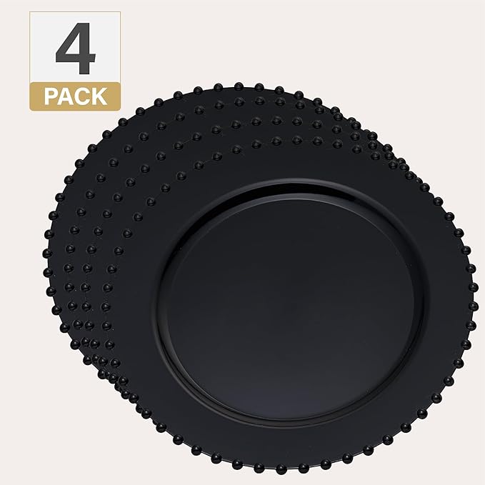 PLASTICPRO Black Plastic Charger Plates with Beaded Edge – Pack of 4 – 13" Elegant Round Disposable Chargers for Weddings, Events, Parties, and Dinners