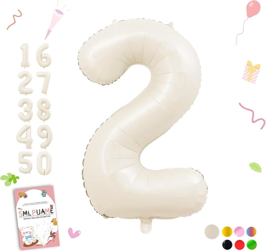 Smlpuame 40 Inch Beige Number 2 Balloons for 2nd Birthday Decorations Boys Girl, Giant Self-Sealing Cream Foil Number 0-10 White Sand Balloon for Women Men Party Anniversary Baby Shower Supplies