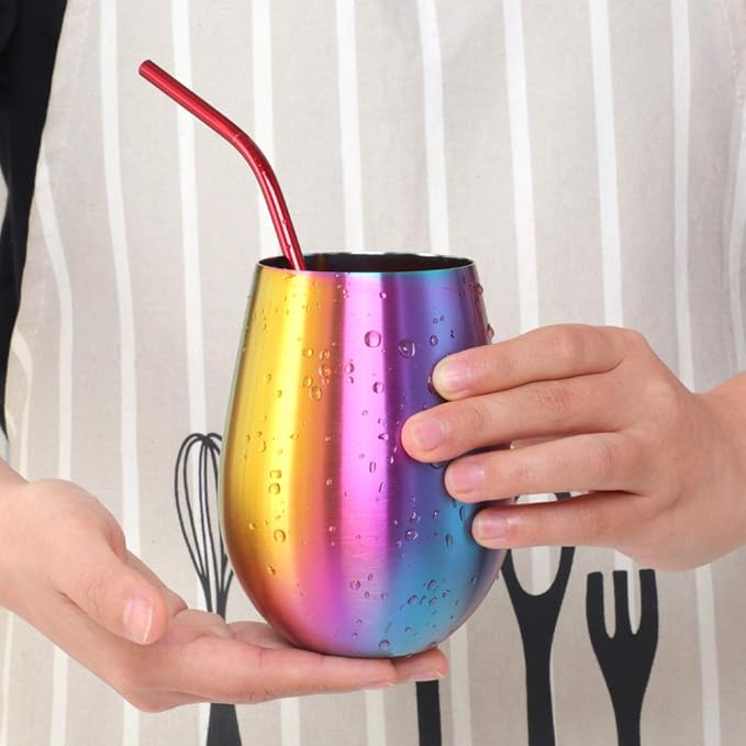 Buyer Star 304 Stainless Steel Wine Glasses Set of 2 - Large 17 oz Outdoor Stemless Wine Tumblers - 100% Unbreakable & Stemless Metal Drinking Cups for Home and Outdoors (Silver&Rainbow)