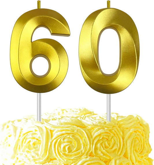 Gold Number 60 Candles, 3D Diamond 2.76 Inch Cake Topper Birthday Candles for Wedding Anniversary Cake Decorations, Happy Birthday Party Decorations