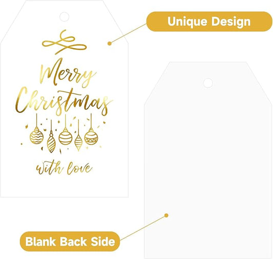 Anwyll Christmas Gift Tags with String - 50Pcs Gold and White Merry Christmas with Love Tags for Gifts Xmas Gift Tag Happy Holidays Hang Paper Label Tag for Present Wrap Goodie Bag Holiday Party Favor