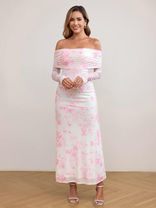 KUTUMAI Women Off Shoulder Bodycon Maxi Dress Long Sleeve Mesh Ruched Party Formal Wedding Guest Dresses