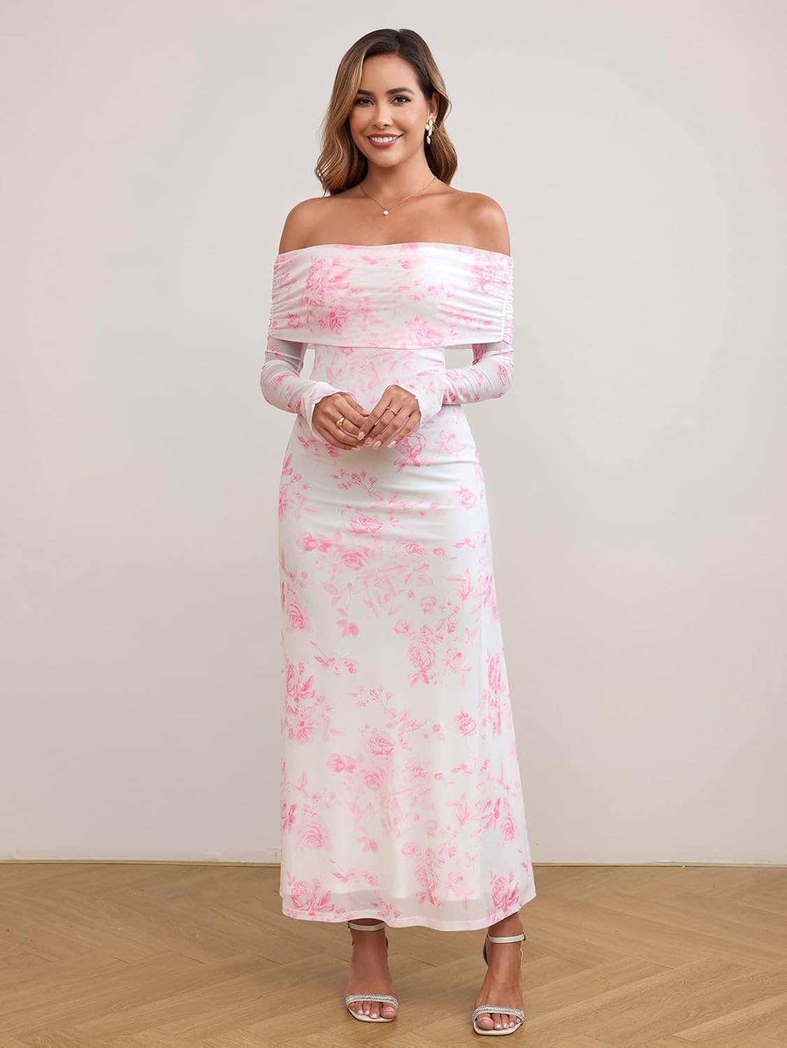 KUTUMAI Women Off Shoulder Bodycon Maxi Dress Long Sleeve Mesh Ruched Party Formal Wedding Guest Dresses