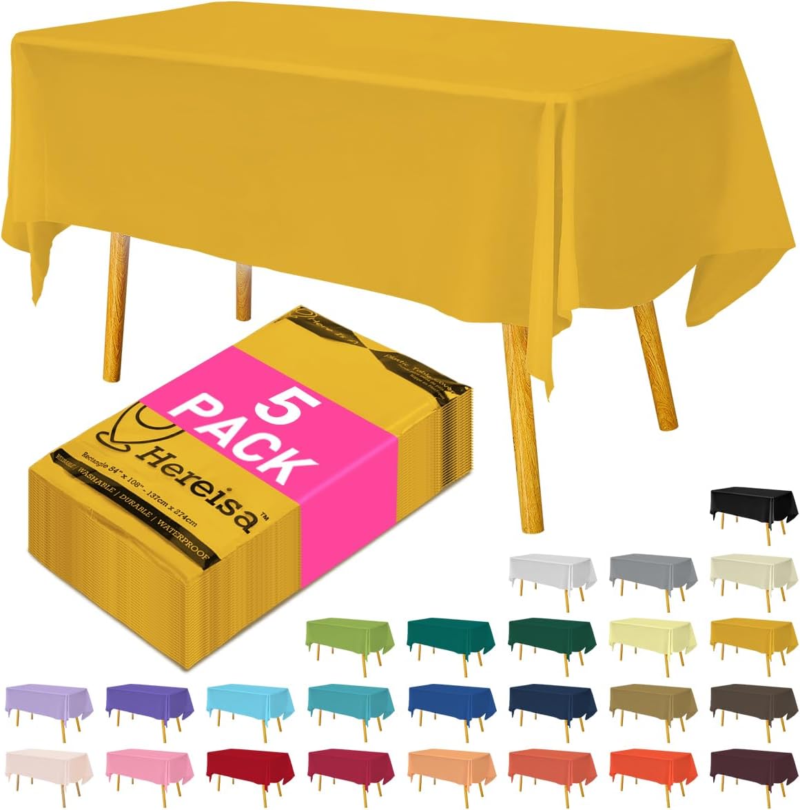 Disposable Plastic Tablecloth Yellow 54x108 Inch, 5-Pack Waterproof Rectangular Table Cover for Parties, Picnics, Dining Protection