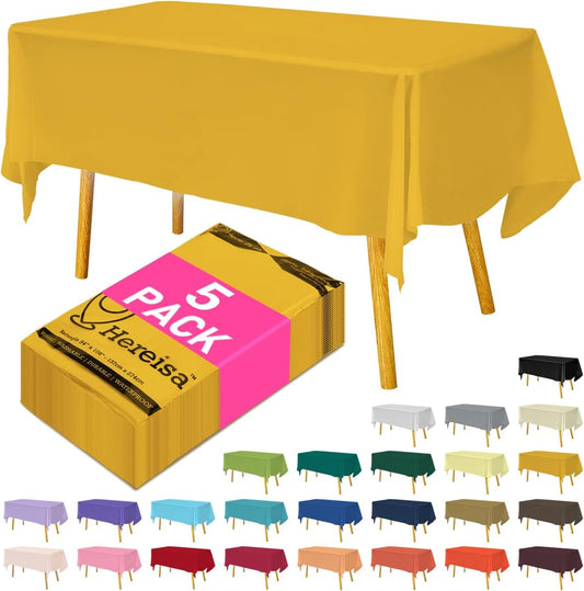 Disposable Plastic Tablecloth Yellow 54x108 Inch, 5-Pack Waterproof Rectangular Table Cover for Parties, Picnics, Dining Protection