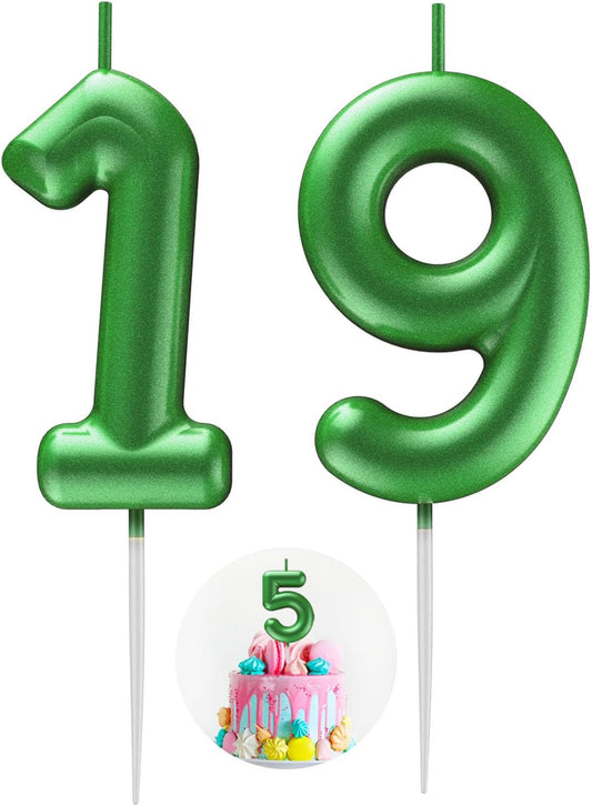 Green Number 19 Candle Happy Birthday 3D Number Candles for Birthday Cake Party Decoration Wedding Anniversary Celebration Supplies