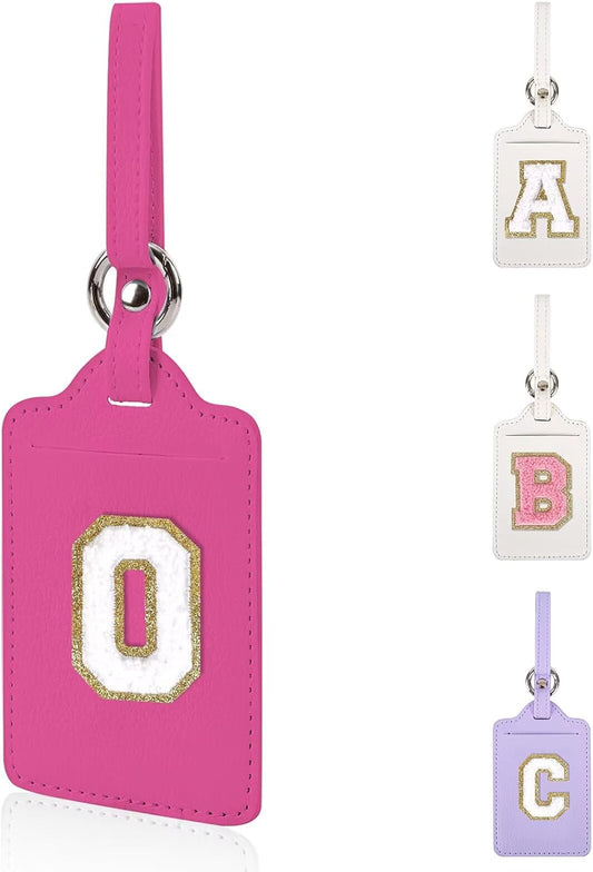 Personalized Initial Luggage Tags for Suitcases, Leather Chenille Letter Cute Luggage Tags with Privacy Name Card, Embroidered Travel Bag Backpack Tags Gifts for Women Kids Girls Teens(Rosered-O)