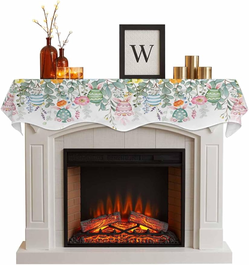 Easter Eggs Fireplace Mantel Scarf Table Runner, Bunny Eucalyptus Leaves Spring Flower Plant Winter Garland Mantel Top Tablerunners Dresser Scarves Cover for Windows Party Living Room 70''x17''
