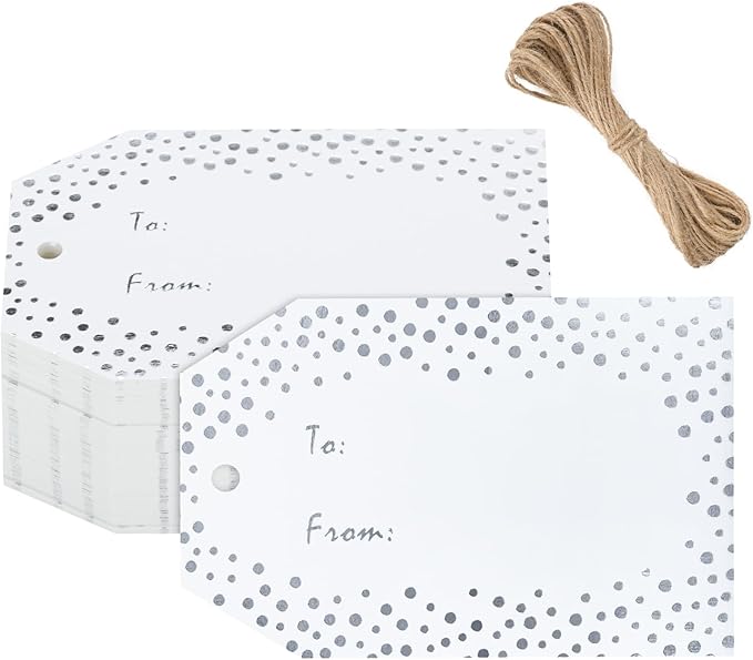 Anwyll Gift Tags with String - 50Pcs Silver Foil Name Gift Tags Confetti Polka Dot to from Gift Bag Tag Personalized Hang Paper Label Tag for Baby Shower Birthday Party Wedding Christmas Favors