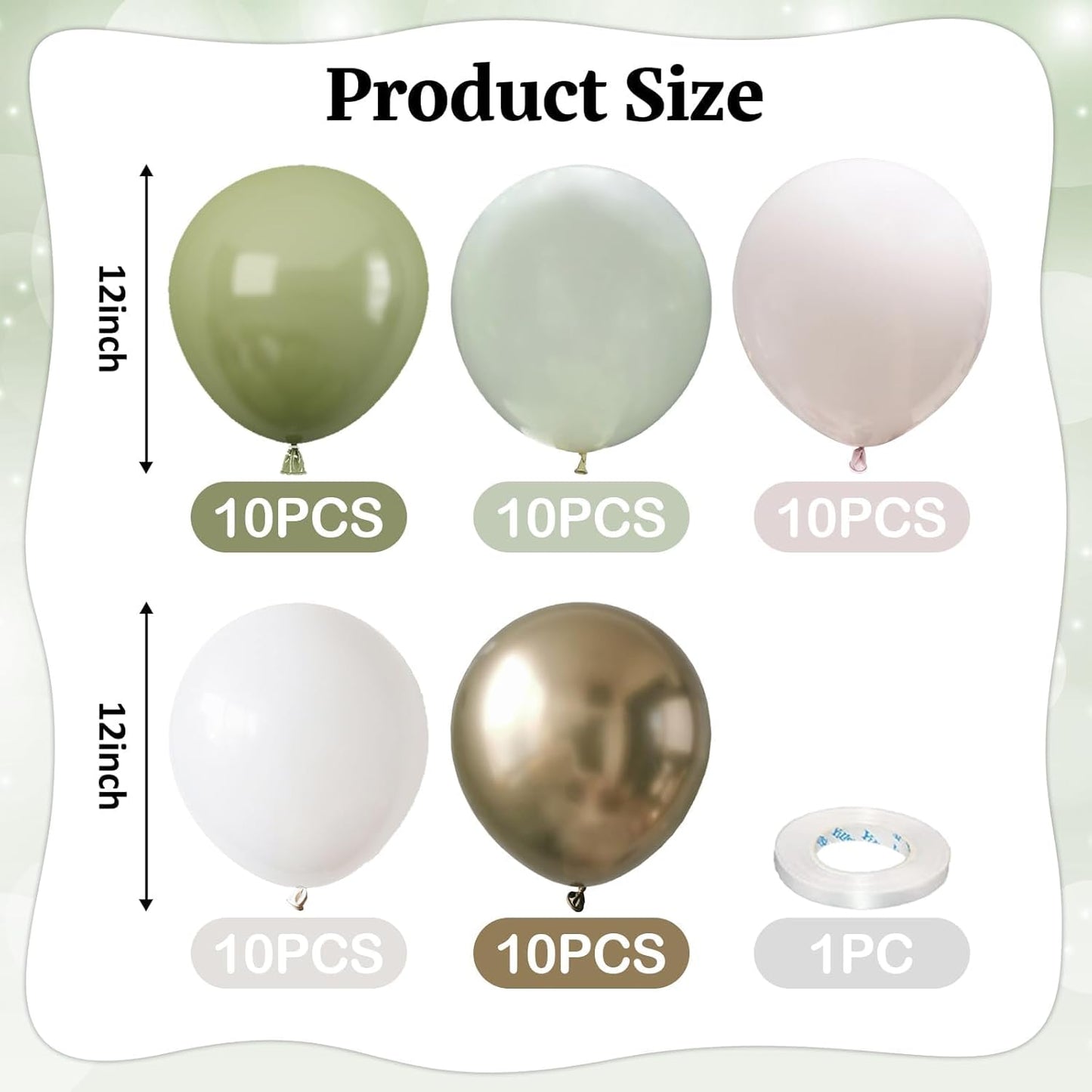Dusty Green White Gold Balloons, 50pcs Sage Olive Green Metallic Champagne Gold White Latex Balloons for Wedding Engagement Birthday Baby Shower Eucalyptus Party Decoration Supplies