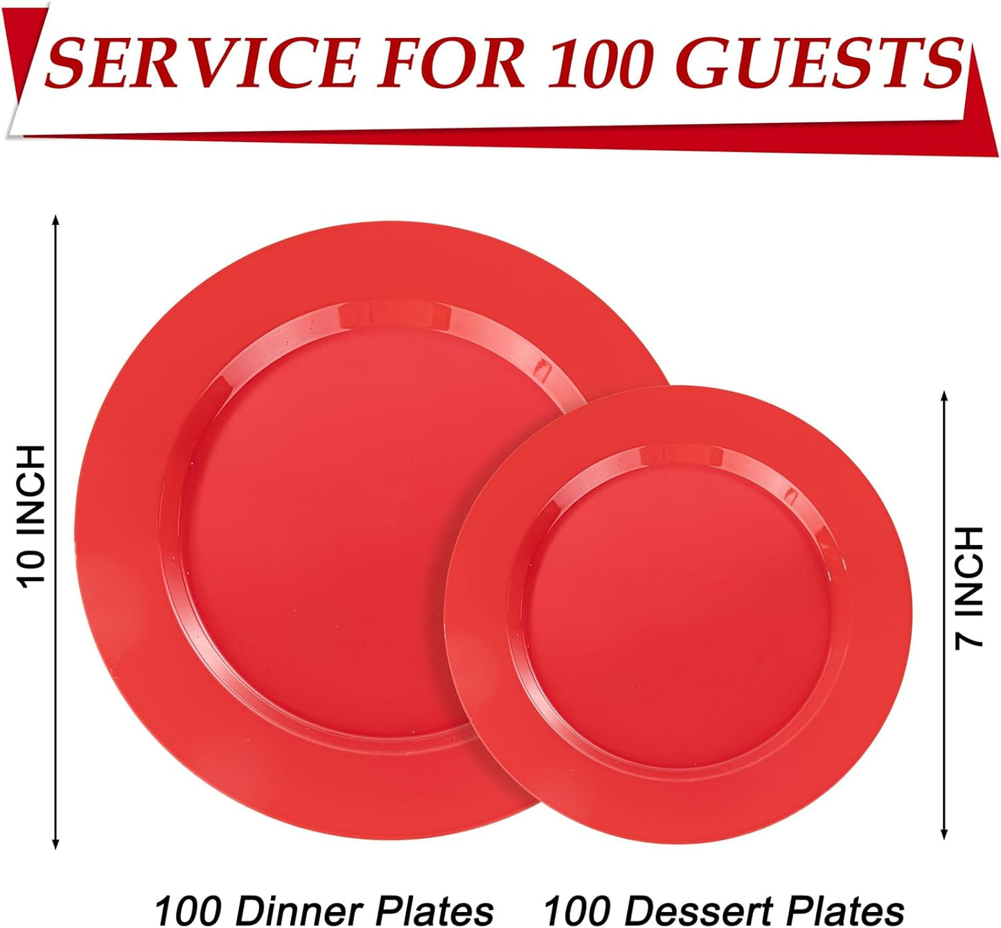 FLOWERCAT 200PCS Red Plastic Plates Disposable Plates for Party - Heavy Duty Plastic Plates - 10" &7" Plate for 100 Guests New Year Parties and Events &Christmas