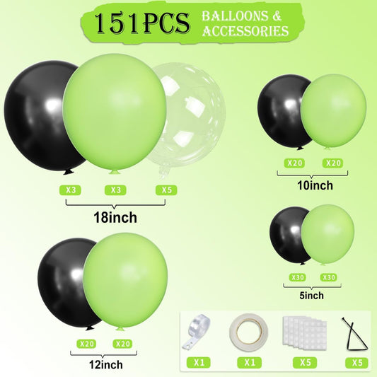 Green and Black Balloon Arch Kit, 151Pcs Lime Green Black Bobo Balloons Garland 18 12 10 5 inch for Birthday, Graduation, Baby Shower, Wedding, Anniversary, Holiday Party Decoration