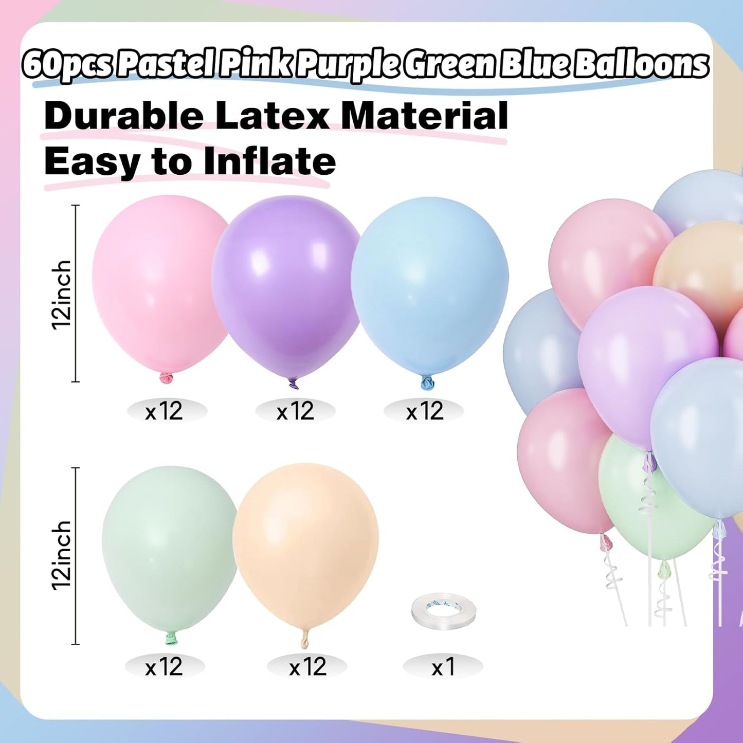 Pastel Balloons Pastel Pink Blue Purple Balloons for Groovy Rainbow Birthday Party Decorations Colorful Balloon 60PCS 12INCH Green Nude Assorted Colors Helium Latex Balloon for Arch