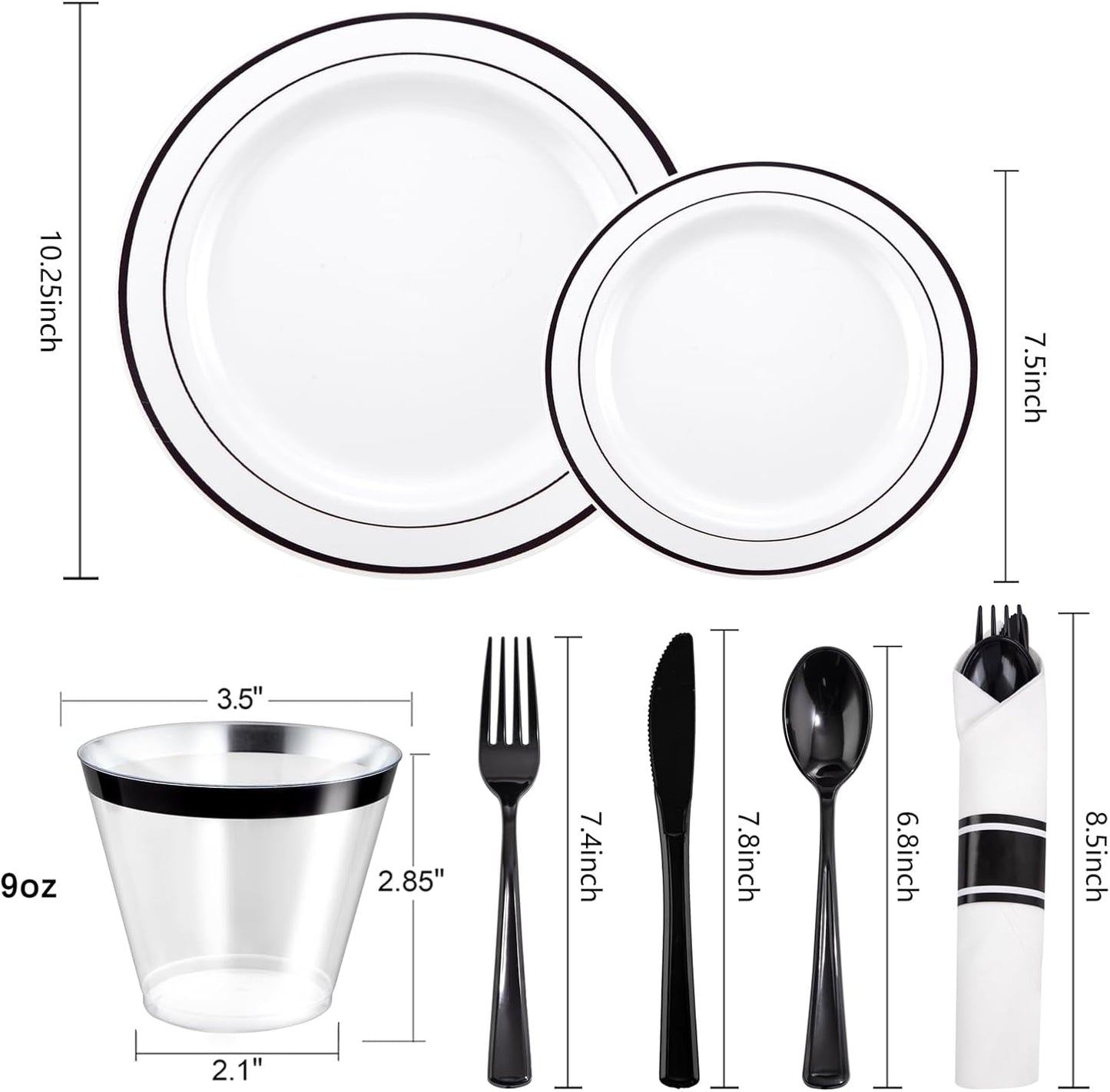 WELLIFE 350Pcs Black Plastic Dinnerware with Pre Rolled Napkins, Include:50 Dinner Plates, 50 Dessert Plates, 50 Paper Napkins, 50 Cups, 150 Plastic Cutlery