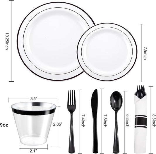 WELLIFE 350Pcs Black Plastic Dinnerware with Pre Rolled Napkins, Include:50 Dinner Plates, 50 Dessert Plates, 50 Paper Napkins, 50 Cups, 150 Plastic Cutlery