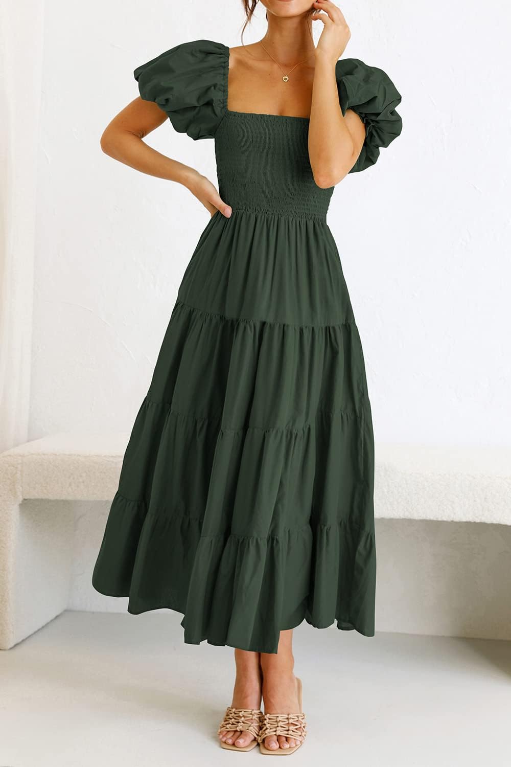 PRETTYGARDEN Women's Casual Summer Midi Dress Puffy Short Sleeve Square Neck Smocked Tiered Ruffle Dresses