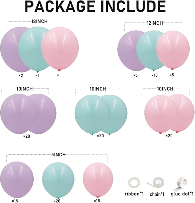 Pastel Tea Balloons Arch Garland Kit, 134pcs Macaron Green,Purple,Pastel Pink Balloons for Birthday Baby Shower Bridal Shower Wedding Anniversary Engagement Gender Reveal Tea Party Decorations