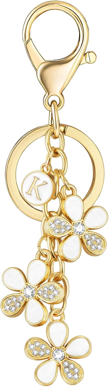 XGALBLA Cute Flower Crystals Rhinestone Initial Letter Keychain for Women, Bag Charms Bling Sparkly Enameled Keychain Handbag