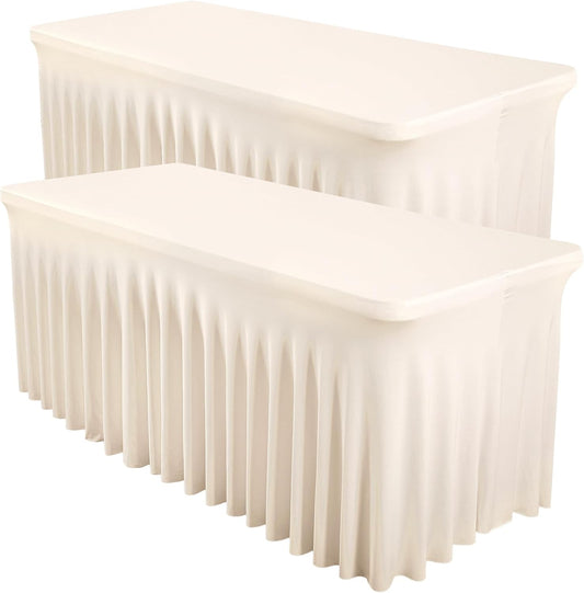 2 Packs Ivory Spandex Tableclothes for 8 Foot Rectangle Table, Spandex Table Covers 8FT Stretch Table Skirts Rectangle Wrinkle Free Fitted Tablecover for Event, Wedding, Banquet & Parties