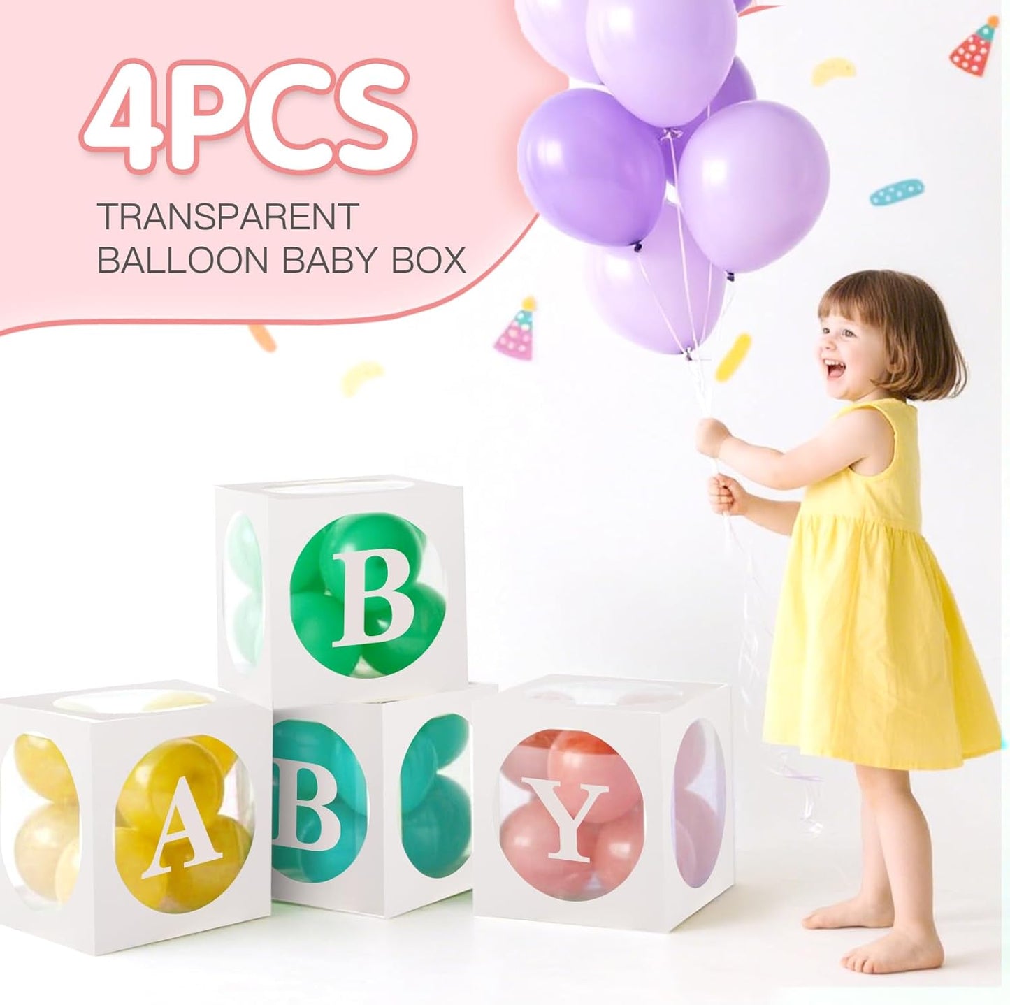 Baby Boxes with Letters for Baby Shower,Transparent Balloon Box 4 PCS Clear Baby Shower Decorations Block Boxes for Gender Reveal,Birthday Party Decorations