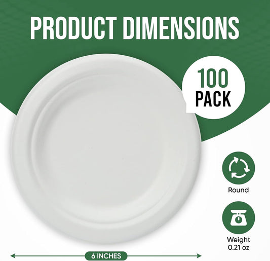 Dessert Plates, 100 Pack Small Paper Plates, Paper Plates 6 Inch – 100% Compostable Plates, Water & Oil Proof Disposable Plates, Microwavable Perfect Paper Plate For Party - White