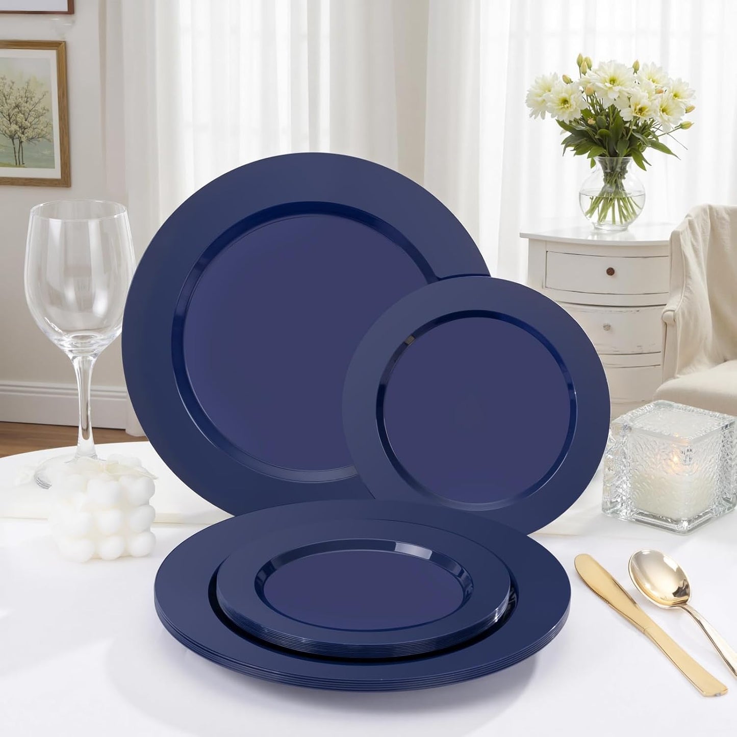 FLOWERCAT 200PCS Navy Blue Plastic Plates Disposable Plates for Party - Heavy Duty Plastic Plates - 10" &7" Plate for 100 Guests Halloween Parties and Events