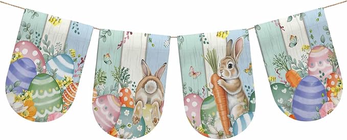Easter Banner 4Pcs Indoor Outdoor Hanging Banner Flag Spring Rabbit Eucalyptus Leaves Eggs Wooden Sign for Fireplace Mantel Decorative Bunting Garland Valance for Shop Door Mantle Decor 7.9"x11.8"