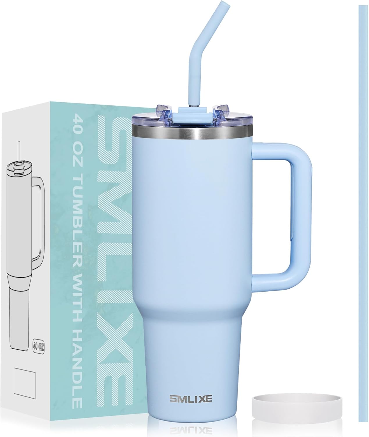 40 oz Tumbler with Handle and Straw Lid,Insulated Reusable Stainless Steel Water Bottle Travel Mug，Cupholder Friendly Double Wall Vacuum Sealed Cup (Sky Blue)