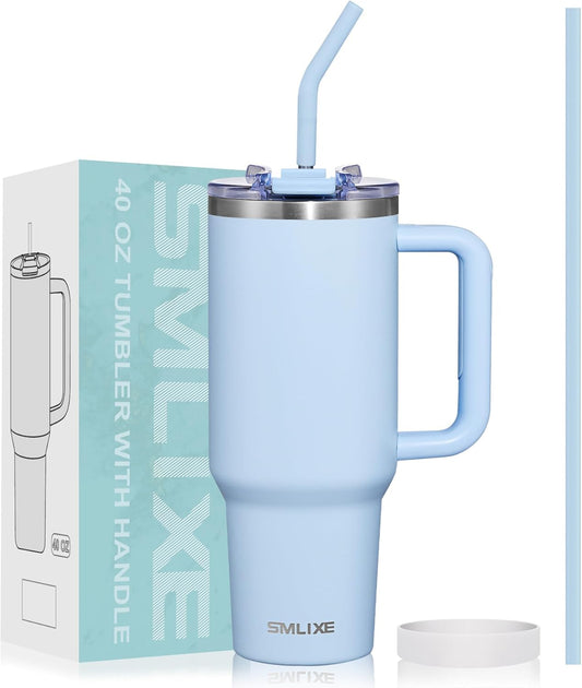 40 oz Tumbler with Handle and Straw Lid,Insulated Reusable Stainless Steel Water Bottle Travel Mug，Cupholder Friendly Double Wall Vacuum Sealed Cup (Sky Blue)