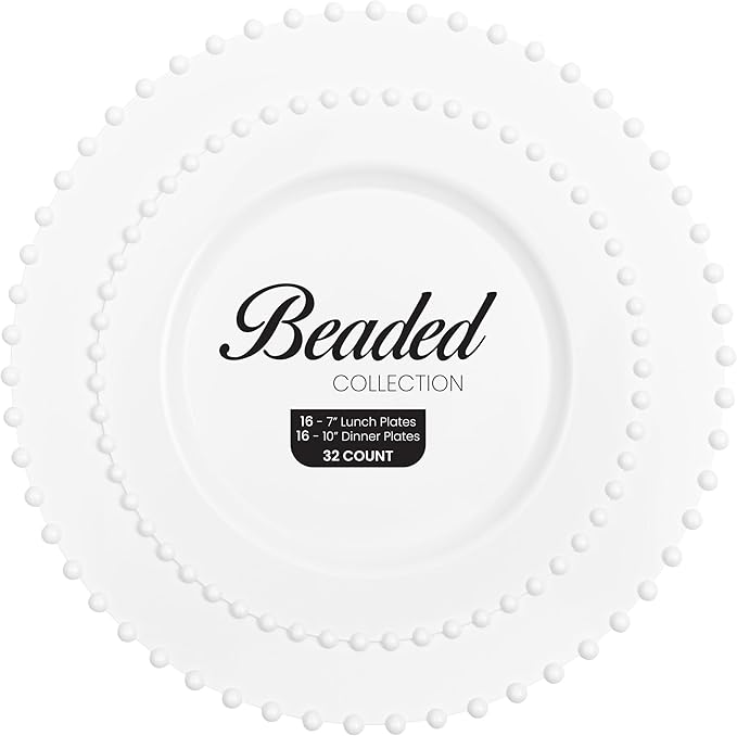 PLASTICPRO 128 Piece Combo Plastic Dinner Plates Disposable Plastic Fancy Heavy Duty Party Dishes 7 inch and 10 inch, White Beaded