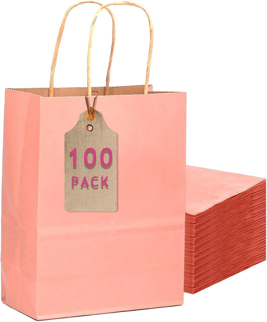 qiqee 100PCS Gift Bag with Handles Bulk Light Pink Paper Bags Multiple Uses (11"x5"x8" Medium Size)