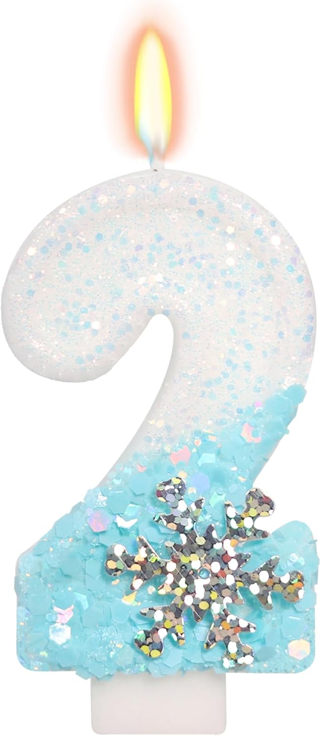 Sky Blue Snow Themed Birthday Candles, Birthday Candles for Party Supplies, 2.76 inch Number 2 Candle Cake Topper Decoration (Number 2)