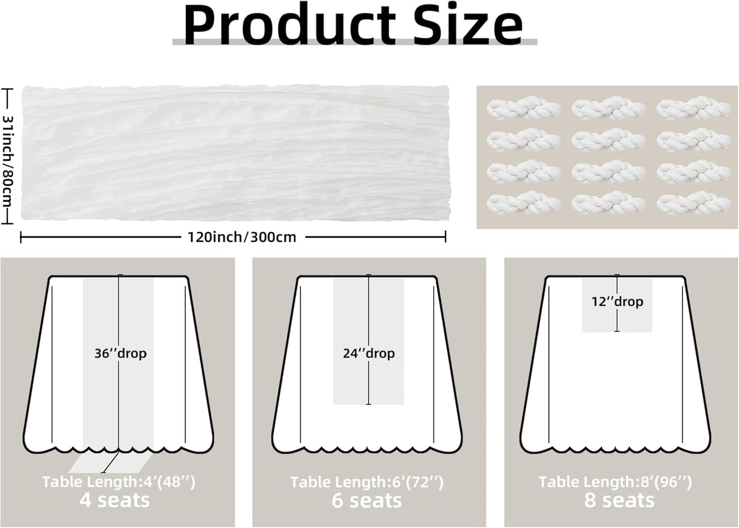FEXIA 12 Pack Ivory White Table Runner 35x120 Inches for Baby Shower Decoration Gauze Rustic Table Runner for Wedding Party First Communion Centerpiece Engagement Bridal Shower Boho Decoration