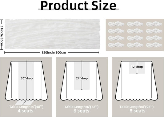 FEXIA 12 Pack Ivory White Table Runner 35x120 Inches for Baby Shower Decoration Gauze Rustic Table Runner for Wedding Party First Communion Centerpiece Engagement Bridal Shower Boho Decoration