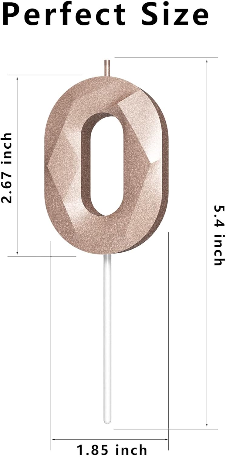 Number Birthday Candles(0 Candle Rose Gold) 3D Diamond Shape Number Happy Birthday Cake Candles for Birthday Party Wedding Decoration Reunions Theme Party