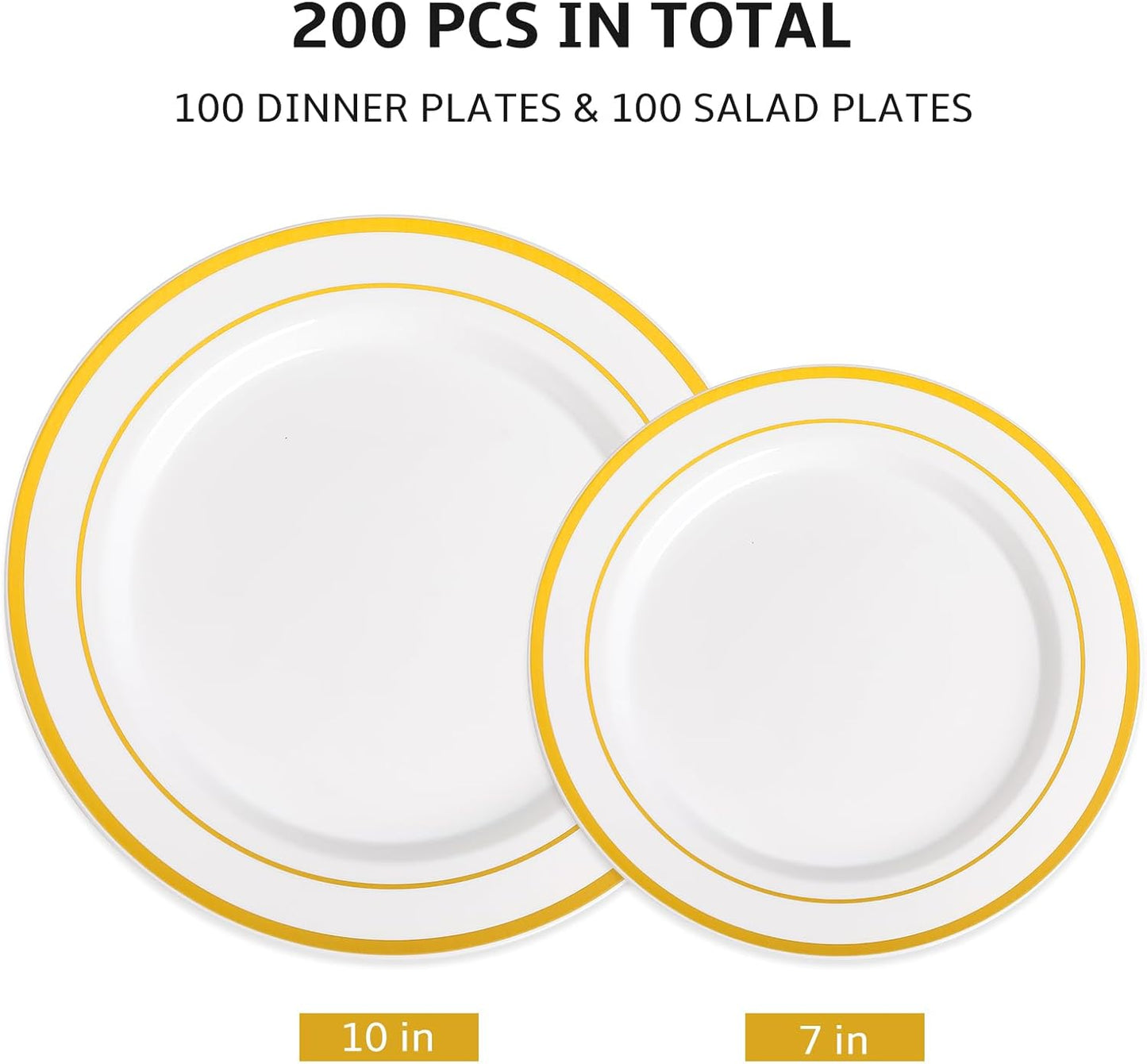 AOZITA 200 Pcs Gold Plastic Plates for Party, Heavy Duty Disposable Plastic Plates for Party, Holiday, Wedding, Thanksgiving and Birthday