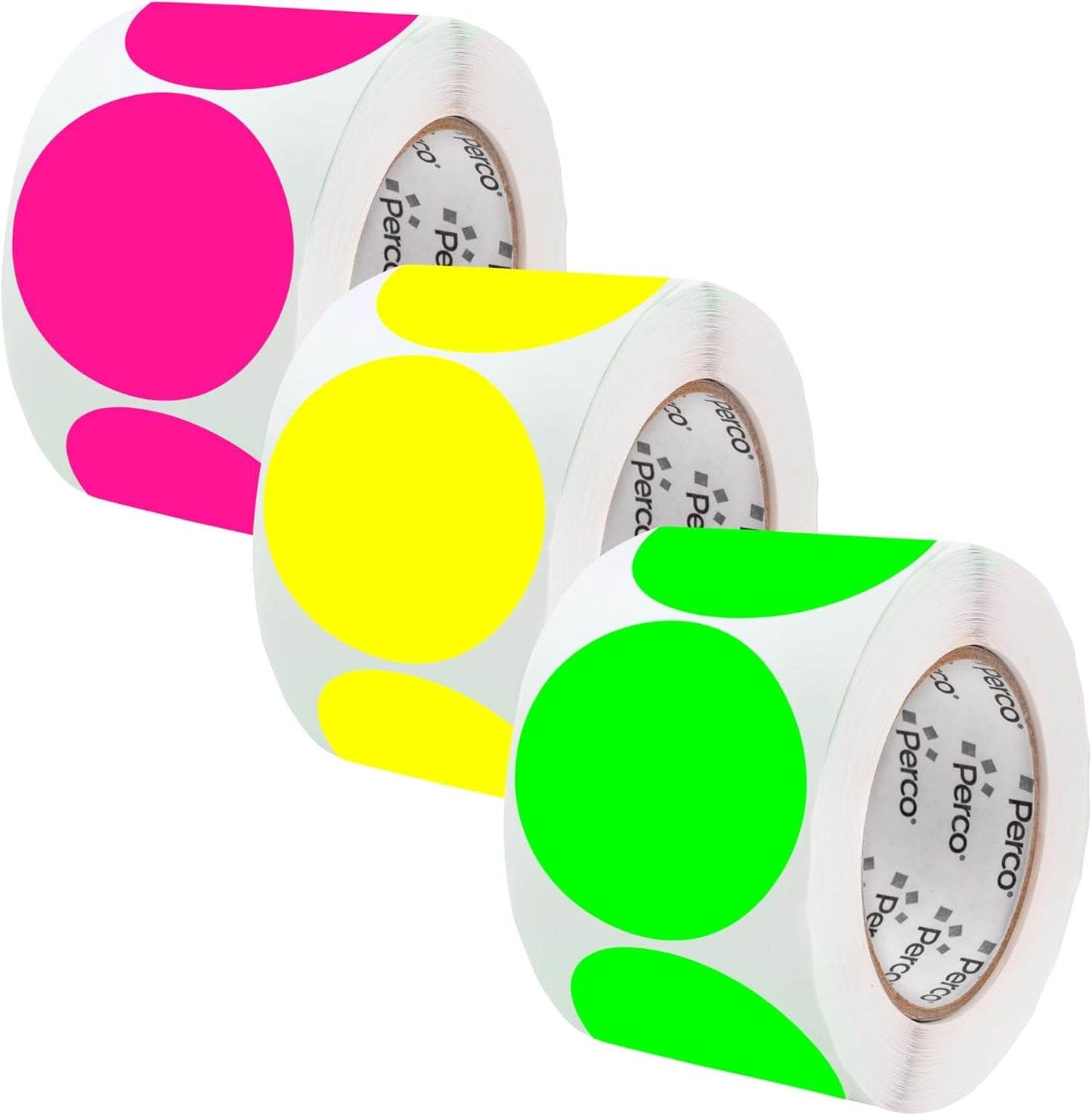 Perco 4-Inch Perforated Circle Dot Sticker Labels — 3 Rolls, 1,200 Round Fluorescent Stickers (1 Green, 1 Yellow, 1 Pink) — with Permanent Adhesive for Event Signage, Safety Warnings — Made in USA