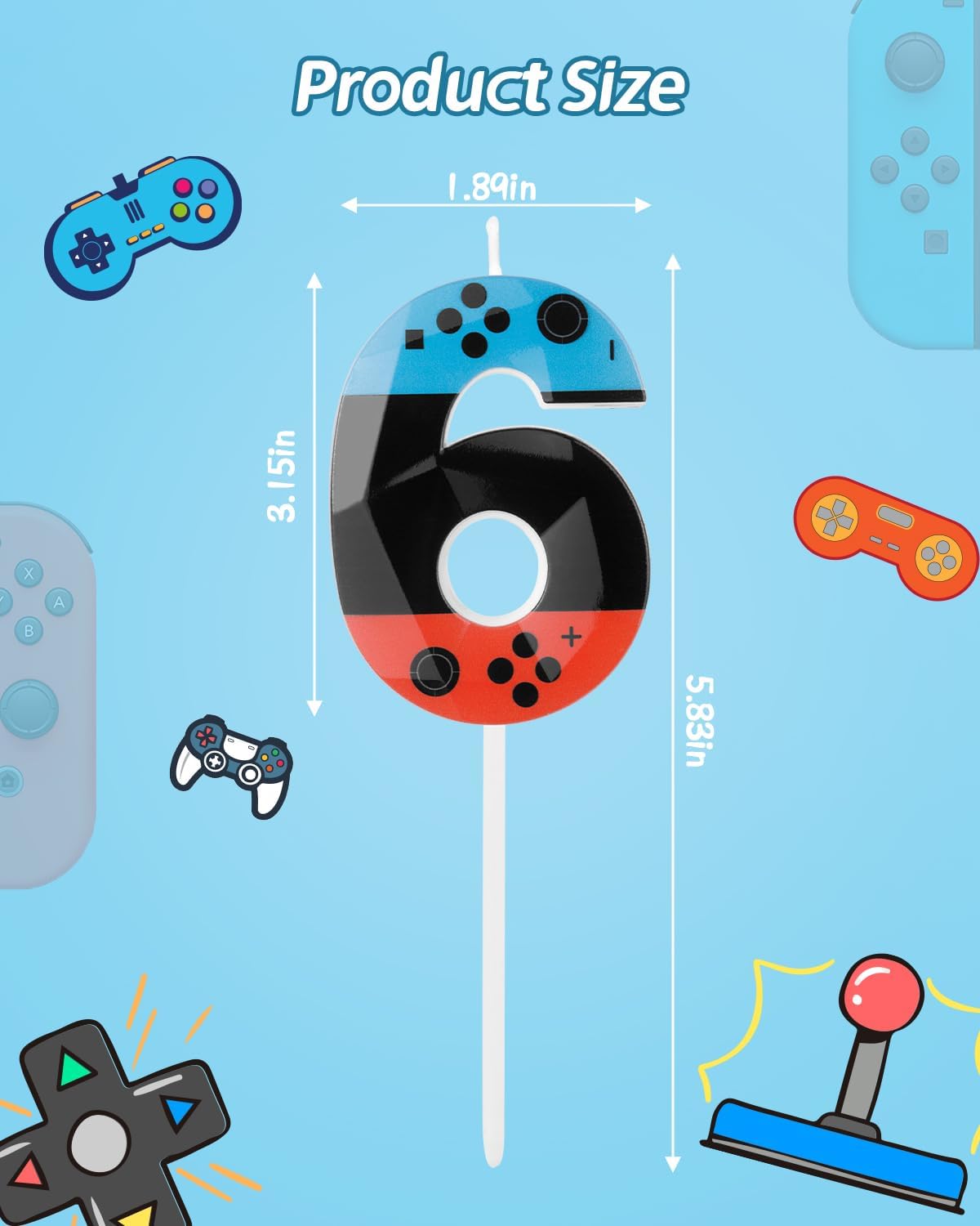 Number 6 Level Birthday Candles, 2.68 inch Gamer Candles, Red Blue Birthday Candles, Game Controller Gamepad Candles,Video Game Controller Themed Kids Boy Bday Party Supplies
