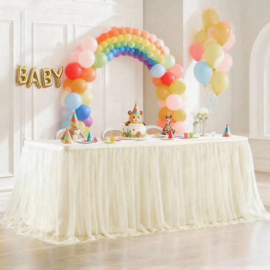 6Ft Champagne Tulle Table Skirts for Rectangle Tables Covers Ruffle Tutu Cloth Table Skirt, 72X30.3'' Tulle Tablecloth for Wedding Round Table Bridal Baby Shower Birthday Banquet Party Decorations