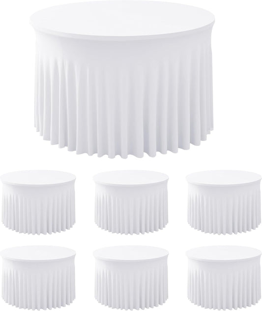 HolidayIdeas White Spandex Round Tablecloths for 60in Wedding Table, 5ft Fitted Stretch Table Skirts 120 Inch, Wrinkle-Free Ruffle Design Tablecloths for Banquets,Trade Shows, Parties, Events, 6 Pack