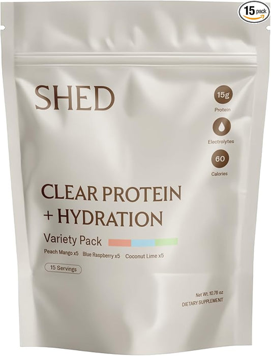 Clear Protein Powder with Electrolytes by Shed, 15g Whey Protein Isolate, Low Calorie and Lactose Free, Light and Clean Hydration Drink, Bloat-Free Post Workout Supplement, Variety Pack (15 Servings)