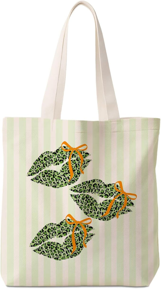 Coquette Bow Green Leopard Lip Tote Bag for Women,Trendy Cheetah Print Canvas Tote Bag for Girls,Girly Leopard Lip Print Aesthetic Reusable Shopping Grocery Bags Party Favors